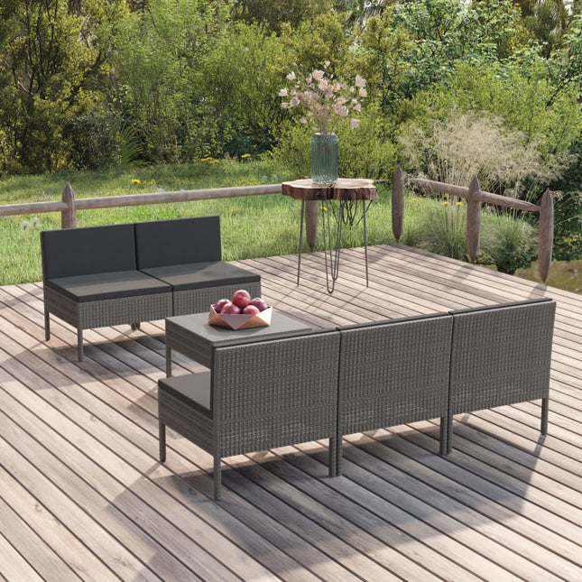 6-Delige Loungeset Met Kussens Poly Rattan Grijs 5x midden + Tafel