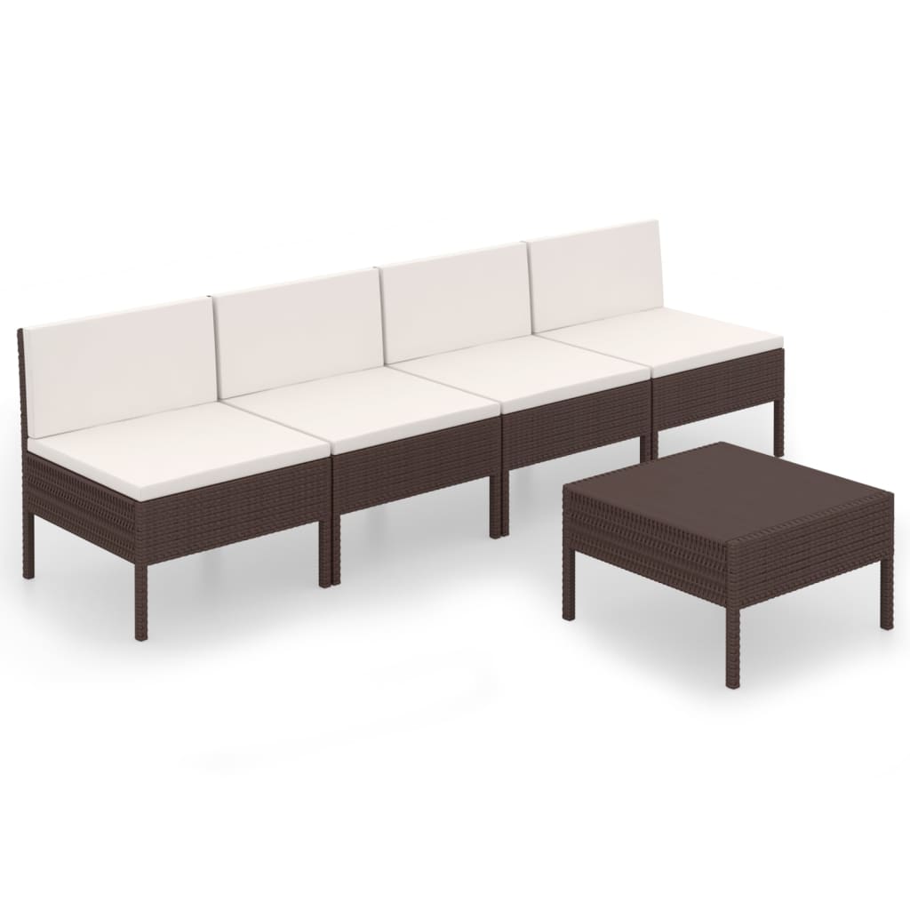 5-Delige Loungeset Met Kussens Poly Rattan Bruin Tafel + 4x midden