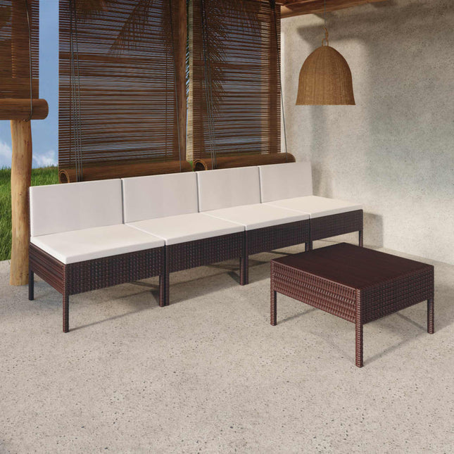 5-Delige Loungeset Met Kussens Poly Rattan Bruin Tafel + 4x midden