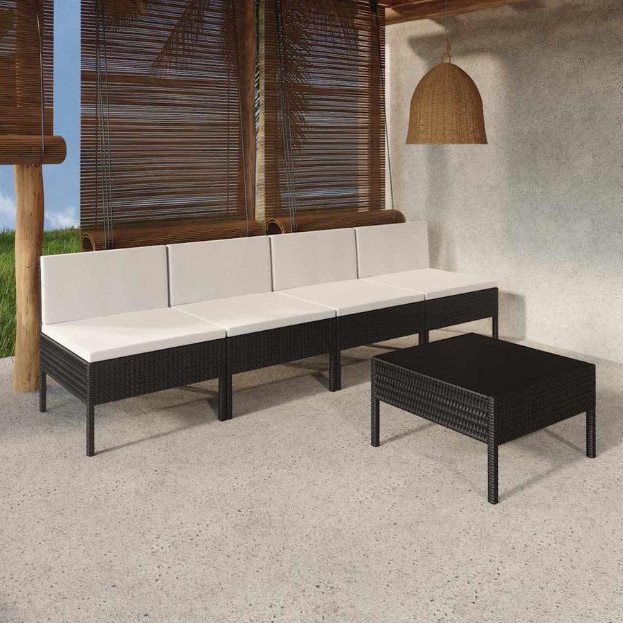 5-delige Loungeset met kussens poly rattan zwart