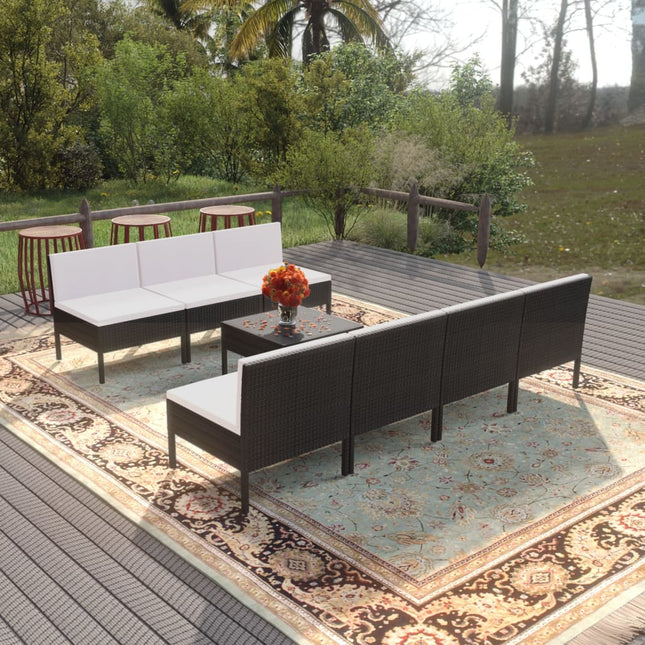 8-Delige Loungeset Met Kussens Poly Rattan Zwart 7x midden + Tafel