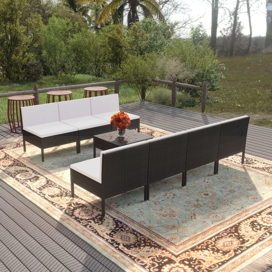 8-delige Loungeset met kussens poly rattan zwart