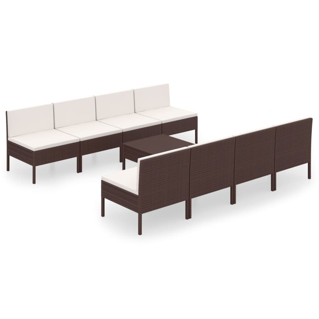 9-Delige Loungeset Met Kussens Poly Rattan Bruin 8x midden + voetensteun