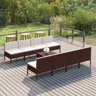 9-Delige Loungeset Met Kussens Poly Rattan Bruin 8x midden + voetensteun