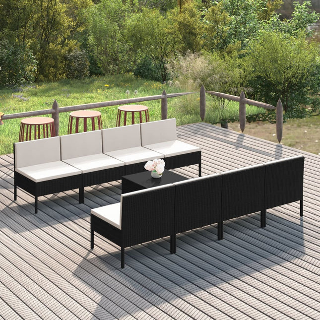 9-Delige Loungeset Met Kussens Poly Rattan Zwart 8x midden + voetensteun