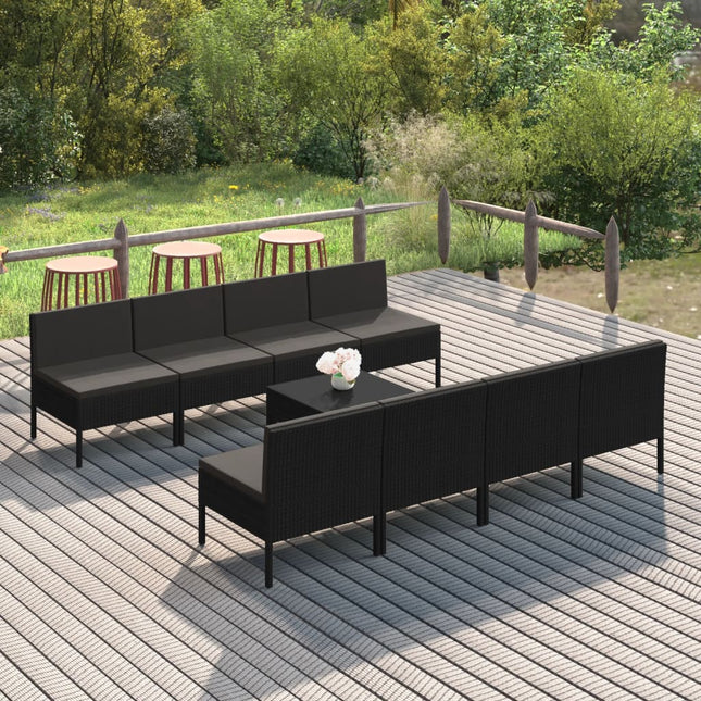 9-Delige Loungeset Met Kussens Poly Rattan Zwart 8x midden + voetensteun