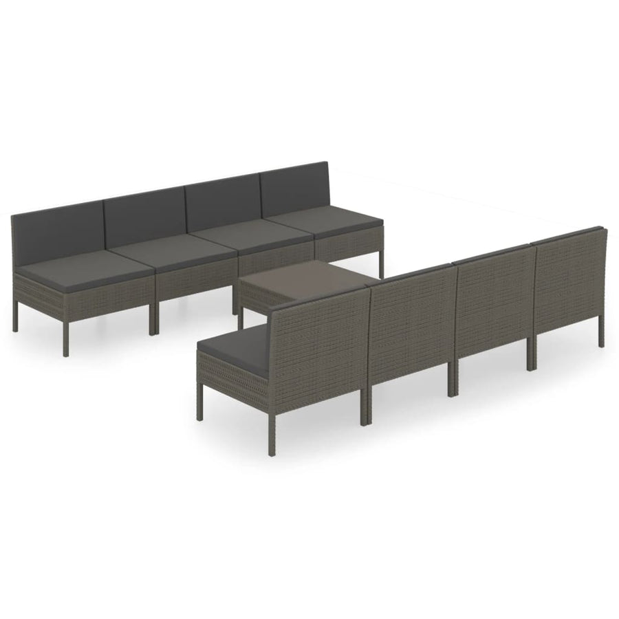 9-Delige Loungeset Met Kussens Poly Rattan Grijs 8x midden + voetensteun