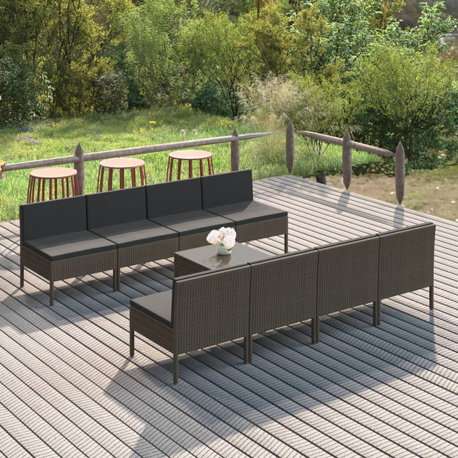 9-Delige Loungeset Met Kussens Poly Rattan Grijs 8x midden + voetensteun