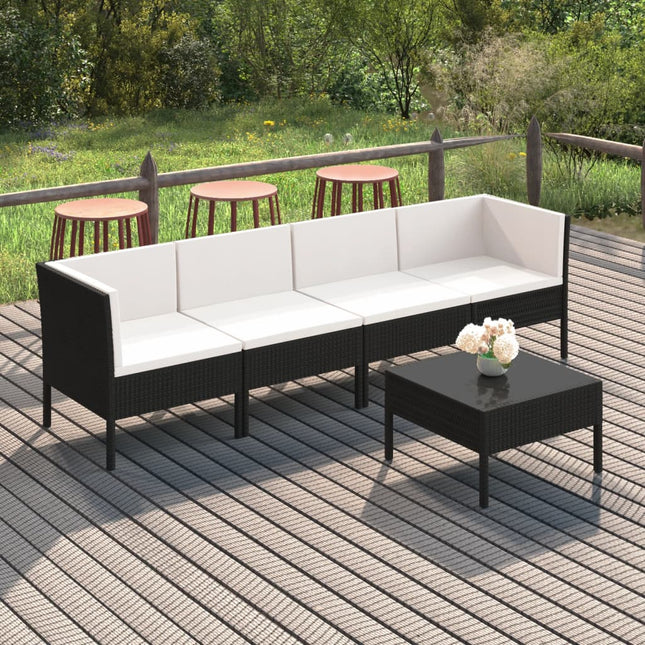 5-Delige Loungeset Met Kussens Poly Rattan Zwart 2x hoek + 2x midden + Tafel