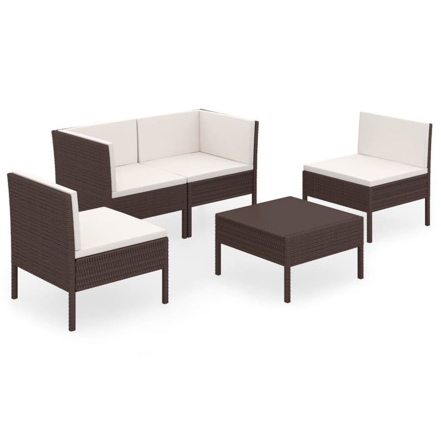 5-Delige Loungeset Met Kussens Poly Rattan Bruin 2x hoek + 2x midden + voetensteun