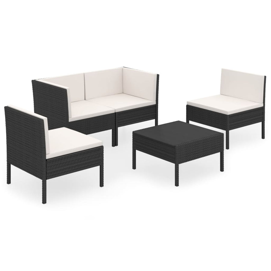 5-Delige Loungeset Met Kussens Poly Rattan Zwart 2x hoek + 2x midden + voetensteun