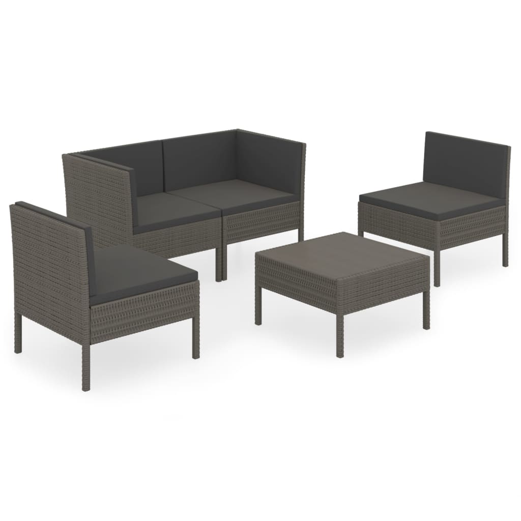 5-Delige Loungeset Met Kussens Poly Rattan Grijs 2x hoek + 2x midden + voetensteun