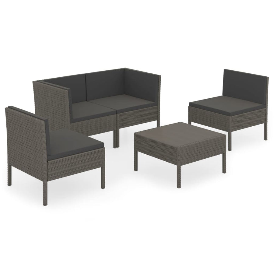 5-Delige Loungeset Met Kussens Poly Rattan Grijs 2x hoek + 2x midden + voetensteun