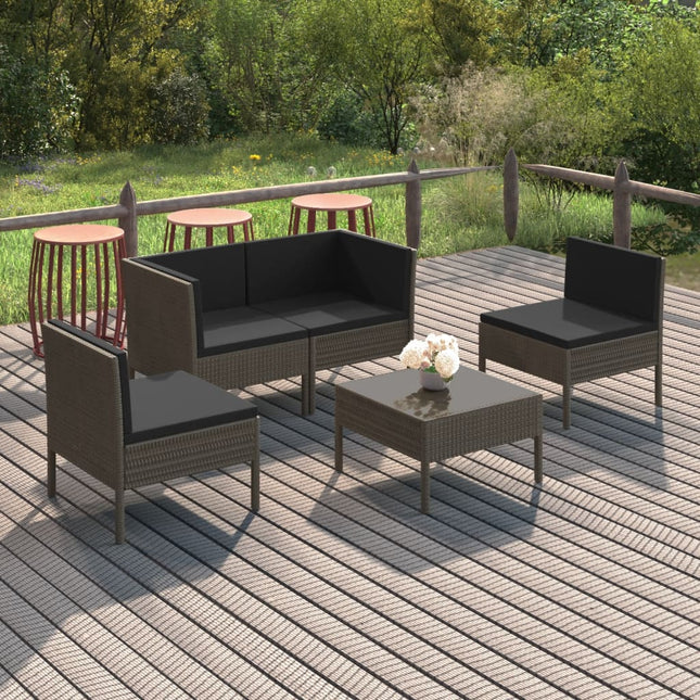 5-Delige Loungeset Met Kussens Poly Rattan Grijs 2x hoek + 2x midden + voetensteun