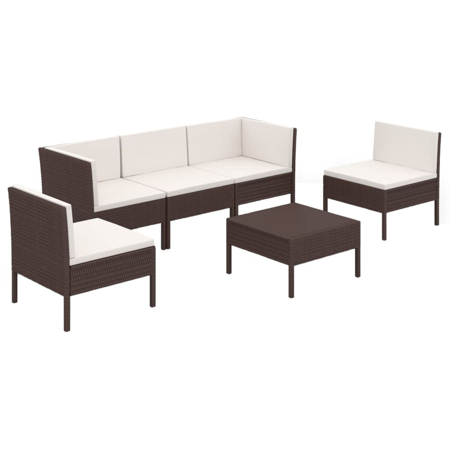 6-Delige Loungeset Met Kussens Poly Rattan Bruin 2x hoek + 3x midden + Tafel