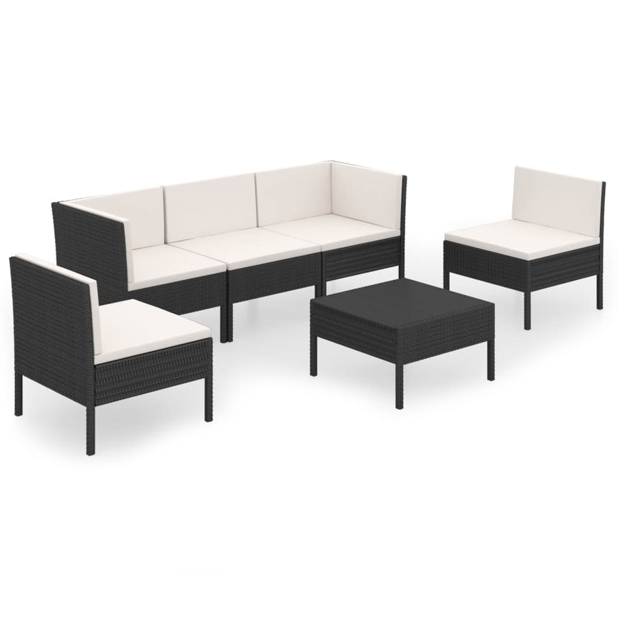 6-Delige Loungeset Met Kussens Poly Rattan Zwart 2x hoek + 3x midden + Tafel