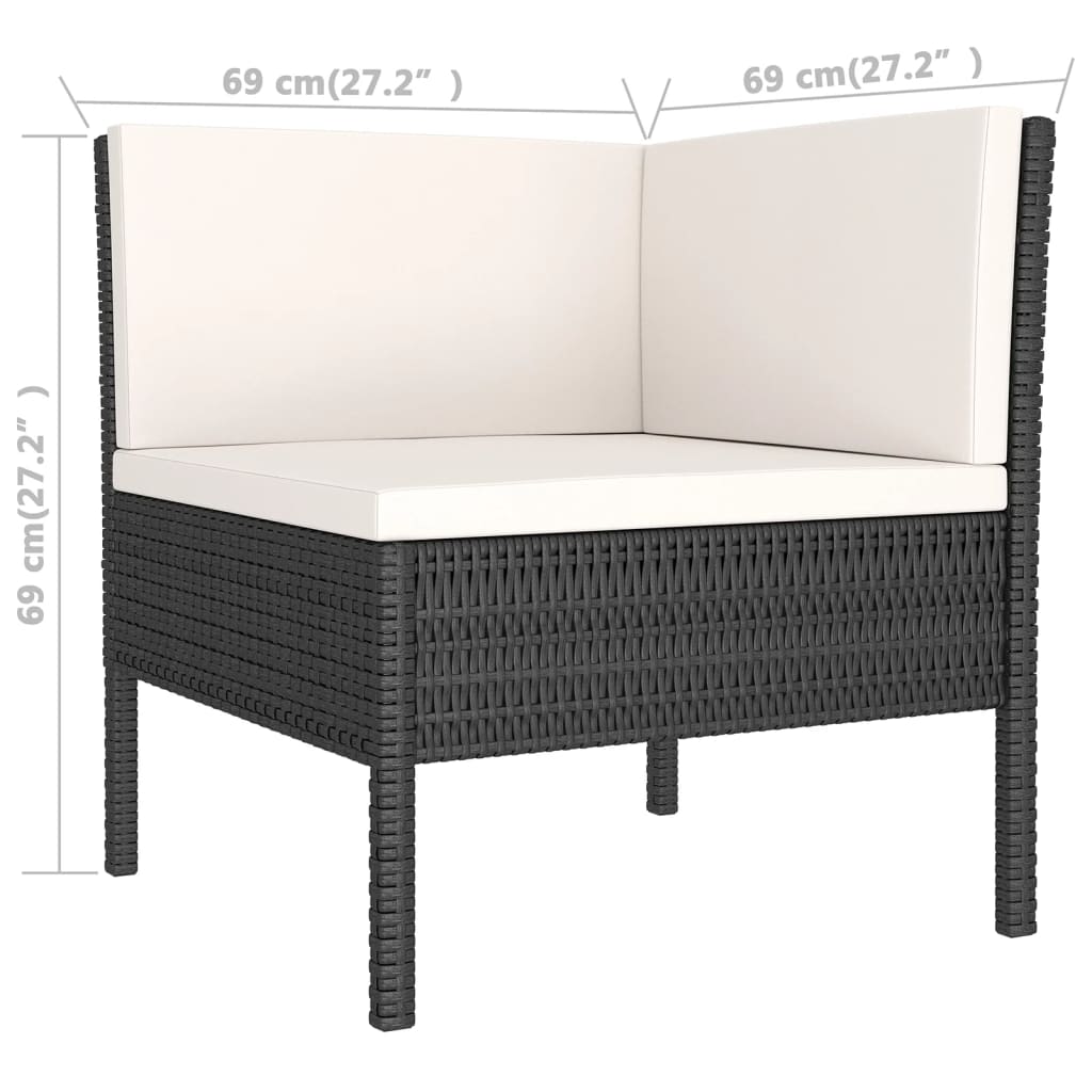 6-Delige Loungeset Met Kussens Poly Rattan Zwart 2x hoek + 3x midden + Tafel