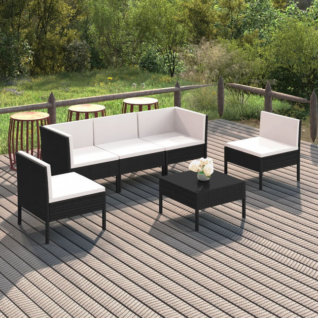 6-Delige Loungeset Met Kussens Poly Rattan Zwart 2x hoek + 3x midden + Tafel