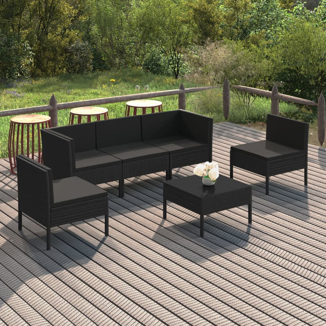 6-Delige Loungeset Met Kussens Poly Rattan Zwart 2x hoek + 3x midden + Tafel