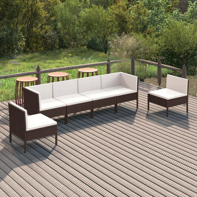 6-Delige Loungeset Met Kussens Poly Rattan Bruin 2x hoek + 4x midden