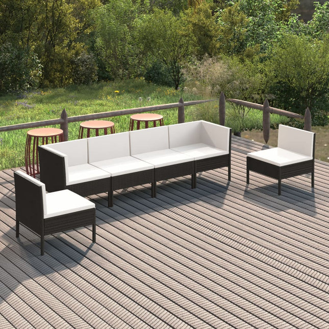 6-Delige Loungeset Met Kussens Poly Rattan Zwart 2x hoek + 4x midden