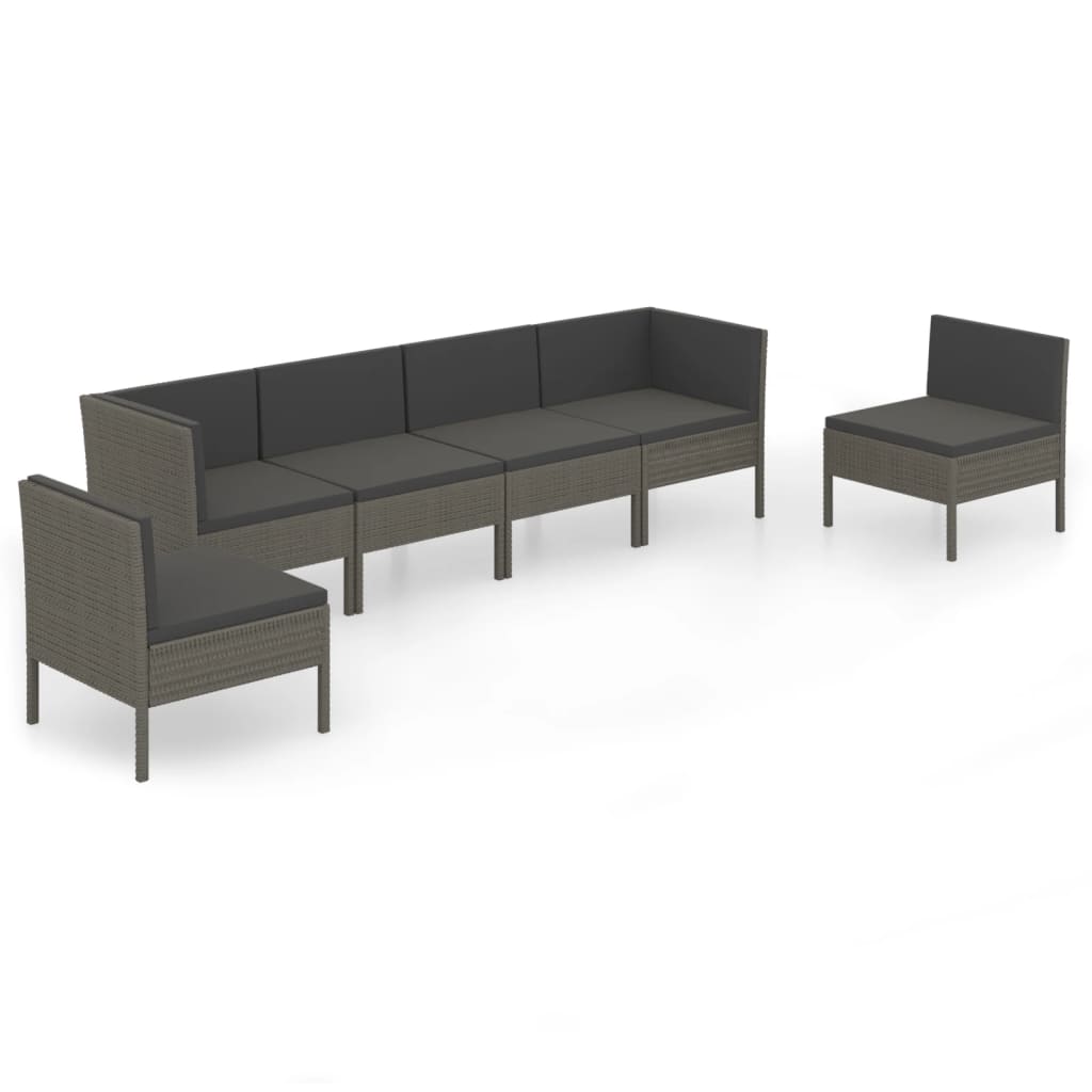 6-Delige Loungeset Met Kussens Poly Rattan Grijs 2x hoek + 4x midden