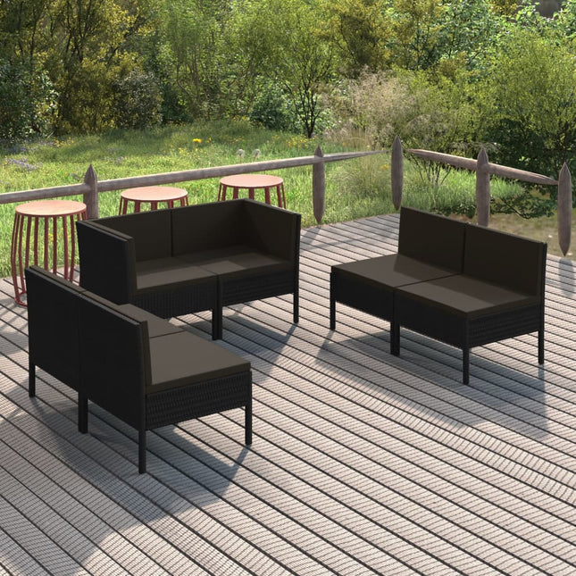 6-Delige Loungeset Met Kussens Poly Rattan Zwart 4x midden + 2x hoek