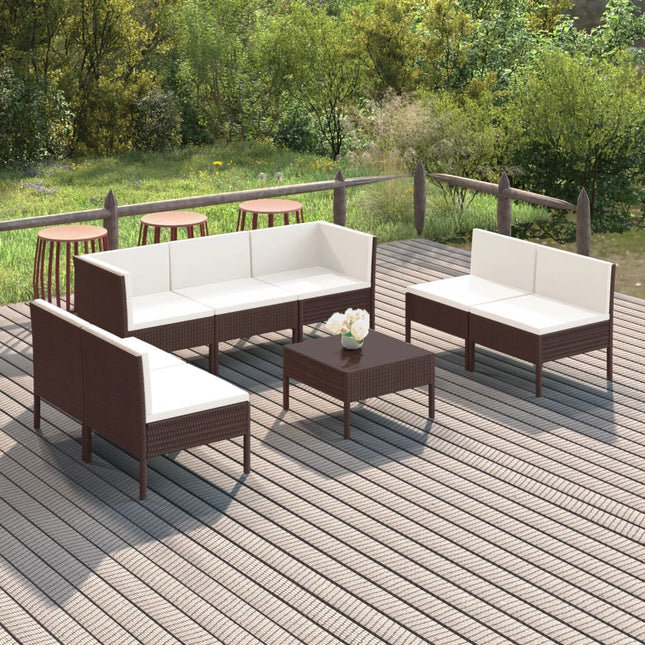 8-Delige Loungeset Met Kussens Poly Rattan Bruin 2x hoek + 5x midden + Tafel