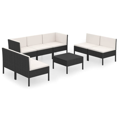8-delige Loungeset met kussens poly rattan zwart