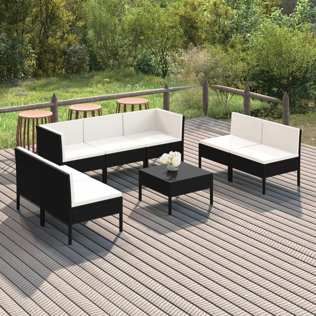 8-Delige Loungeset Met Kussens Poly Rattan Zwart 2x hoek + 5x midden + Tafel