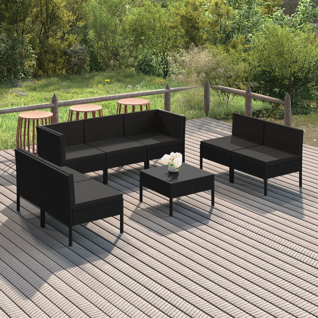 8-Delige Loungeset Met Kussens Poly Rattan Zwart 2x hoek + 5x midden + Tafel