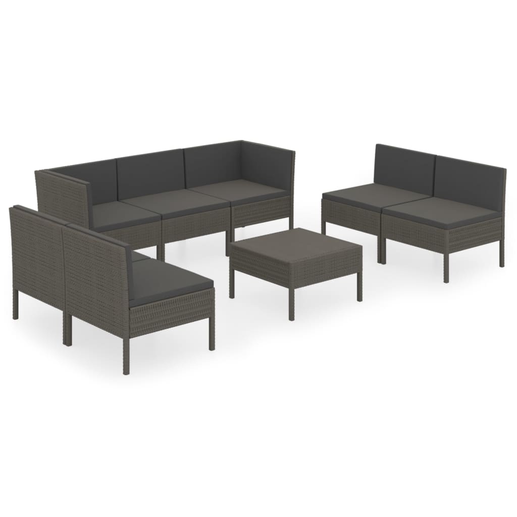 8-Delige Loungeset Met Kussens Poly Rattan Grijs 2x hoek + 5x midden + Tafel