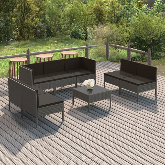 8-Delige Loungeset Met Kussens Poly Rattan Grijs 2x hoek + 5x midden + Tafel