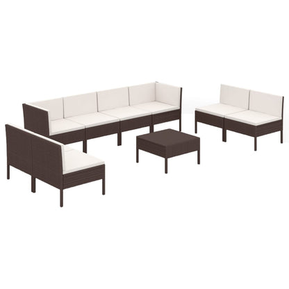 9-Delige Loungeset Met Kussens Poly Rattan Bruin 2x hoek + 6x midden + Tafel