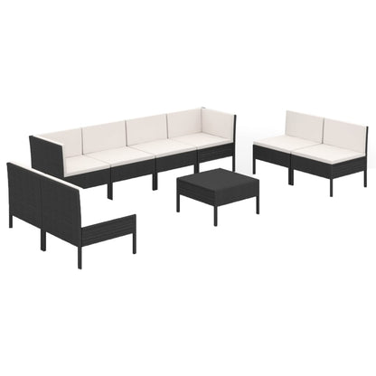 9-delige Loungeset met kussens poly rattan zwart