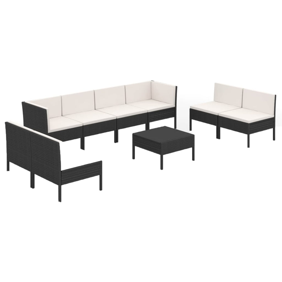 9-delige Loungeset met kussens poly rattan zwart