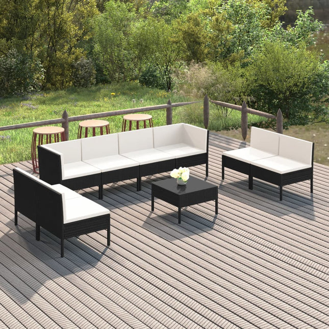 9-Delige Loungeset Met Kussens Poly Rattan Zwart 2x hoek + 6x midden + Tafel