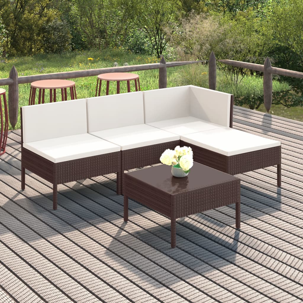 5-Delige Loungeset Met Kussens Poly Rattan Bruin hoek + 2x midden + voetensteun + Tafel