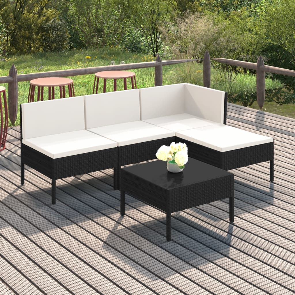 5-delige Loungeset met kussens poly rattan zwart
