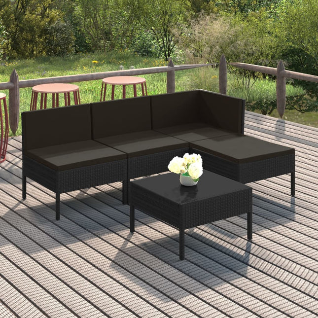 5-Delige Loungeset Met Kussens Poly Rattan Zwart hoek + 2x midden + voetensteun + Tafel