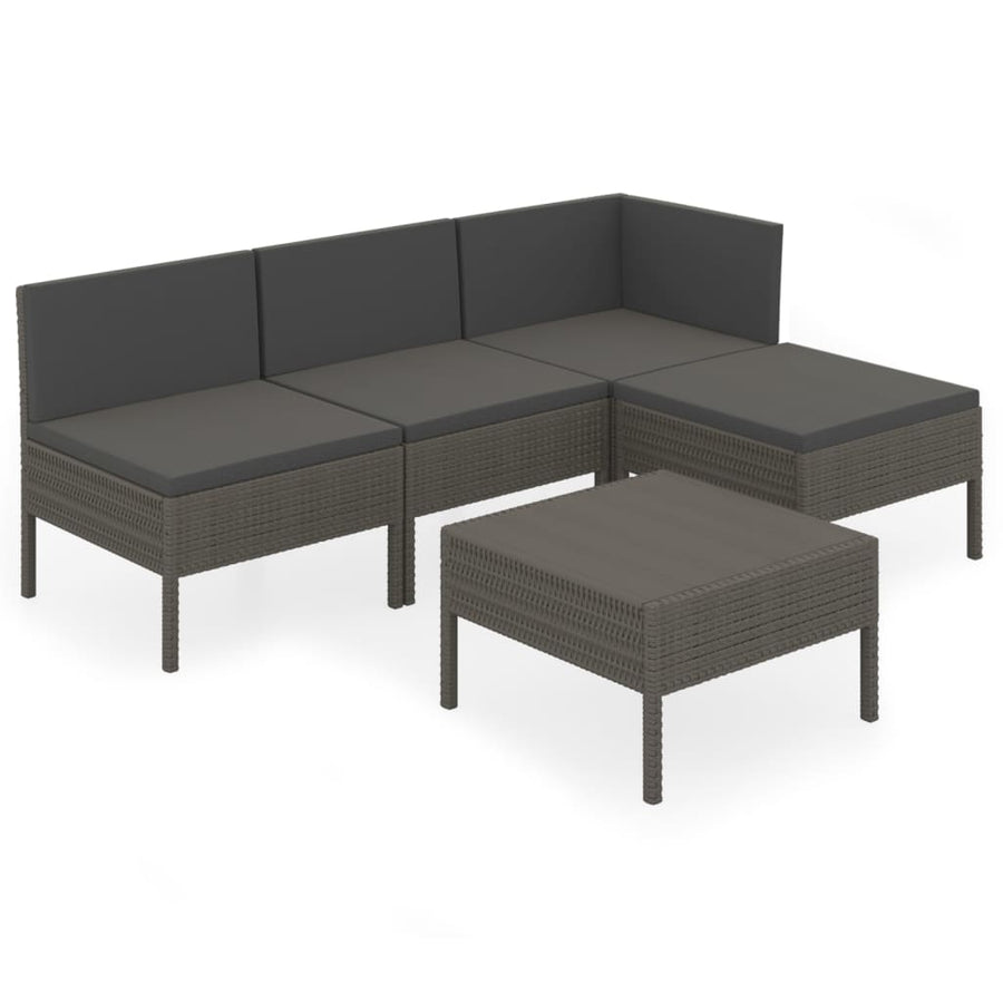 5-Delige Loungeset Met Kussens Poly Rattan Grijs hoek + 2x midden + voetensteun + Tafel