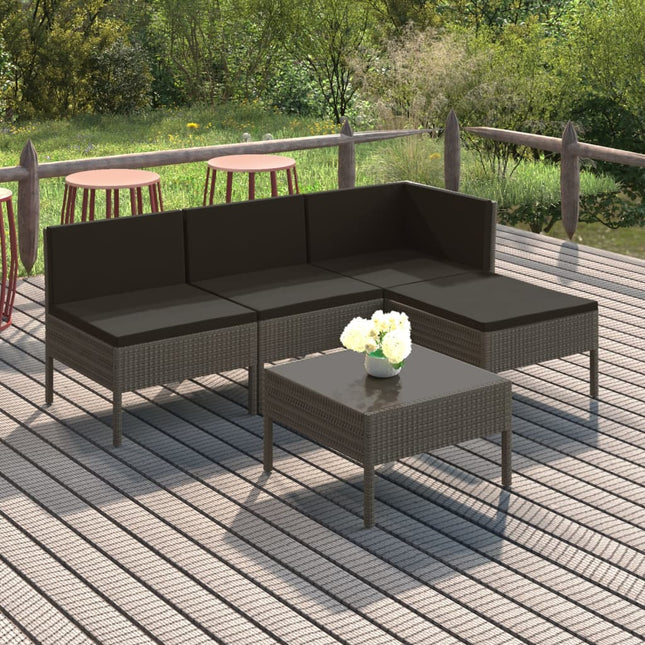 5-Delige Loungeset Met Kussens Poly Rattan Grijs hoek + 2x midden + voetensteun + Tafel