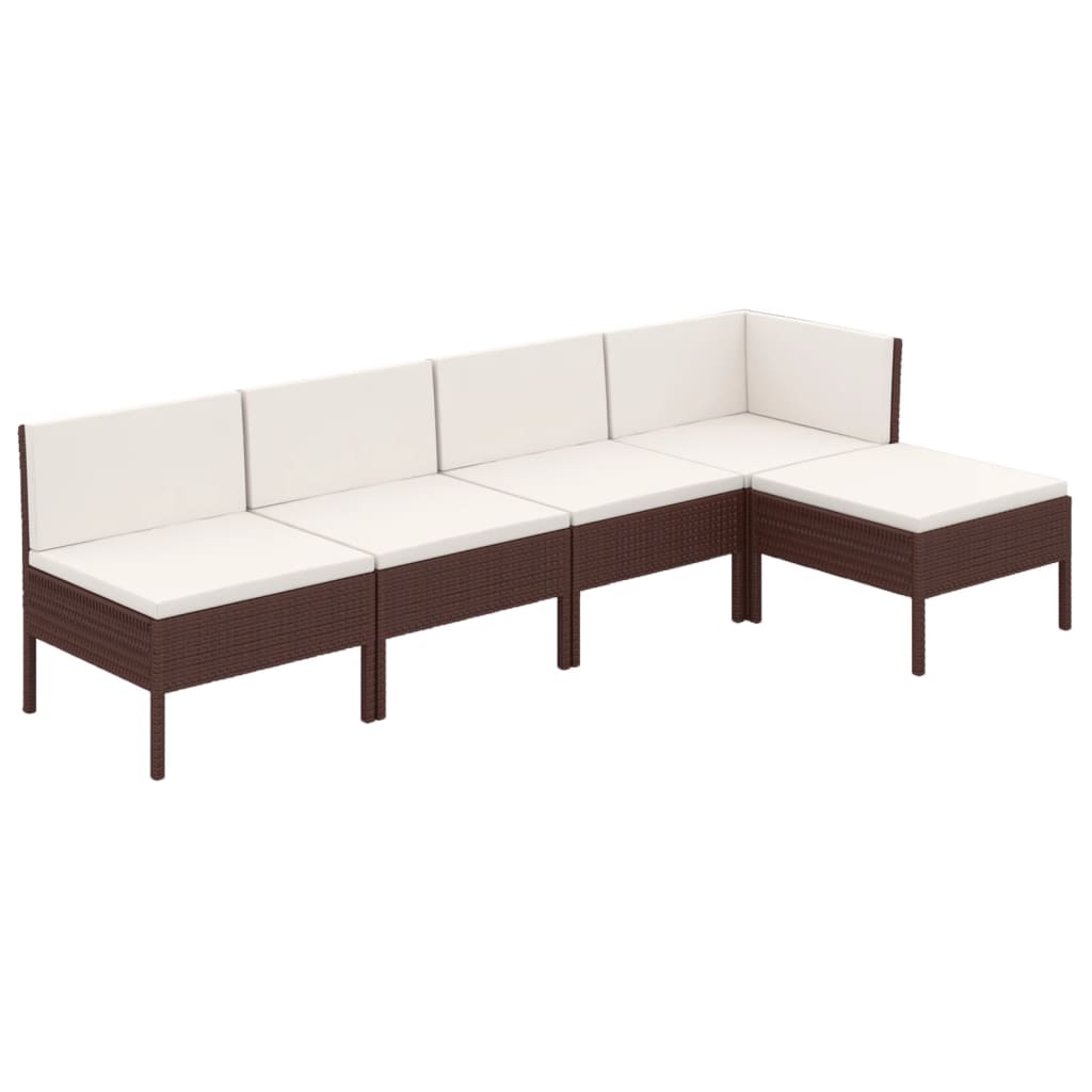 5-Delige Loungeset Met Kussens Poly Rattan Bruin hoek + 3x midden + voetensteun