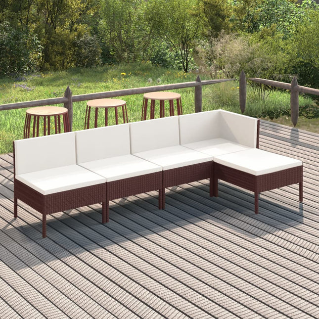 5-Delige Loungeset Met Kussens Poly Rattan Bruin hoek + 3x midden + voetensteun