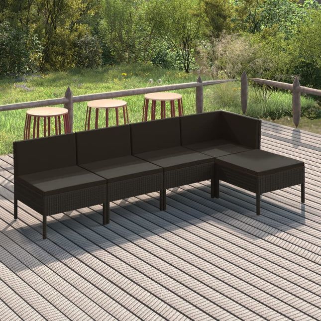 5-Delige Loungeset Met Kussens Poly Rattan Zwart hoek + 3x midden + voetensteun