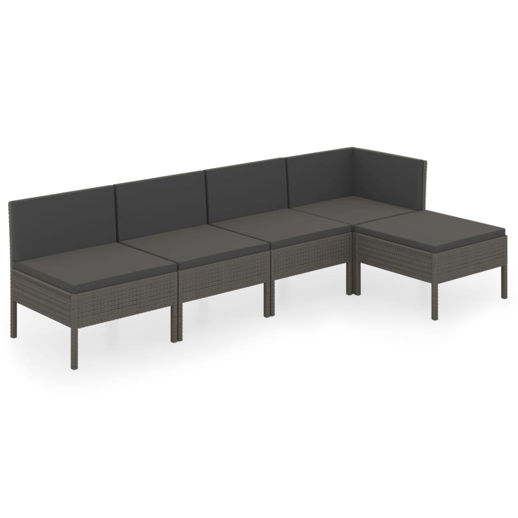 5-Delige Loungeset Met Kussens Poly Rattan Grijs hoek + 3x midden + voetensteun
