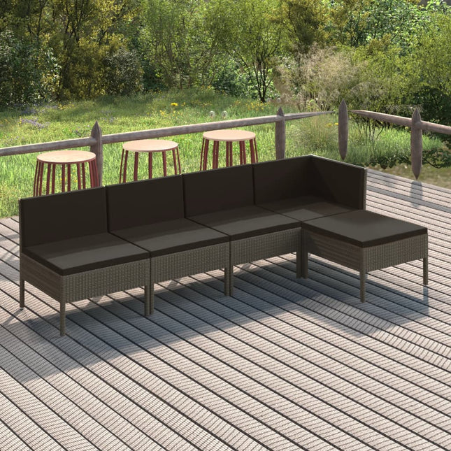 5-Delige Loungeset Met Kussens Poly Rattan Grijs hoek + 3x midden + voetensteun