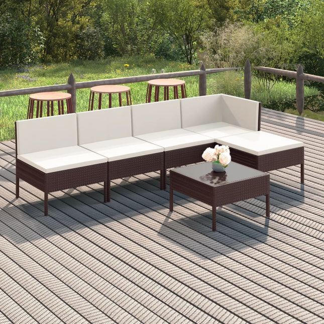 6-Delige Loungeset Met Kussens Poly Rattan Bruin hoek + 3x midden + voetensteun + Tafel