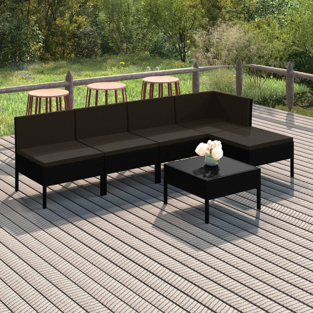 6-Delige Loungeset Met Kussens Poly Rattan Zwart hoek + 3x midden + voetensteun + Tafel