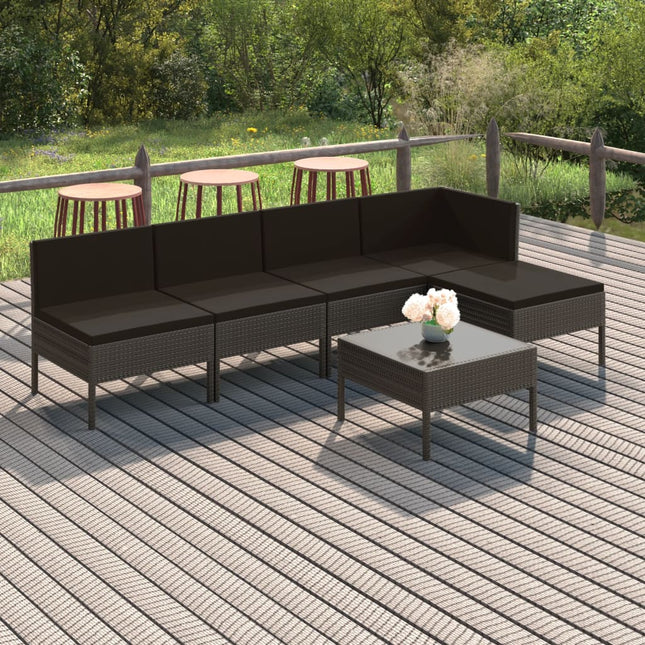 6-Delige Loungeset Met Kussens Poly Rattan Grijs hoek + 3x midden + voetensteun + Tafel